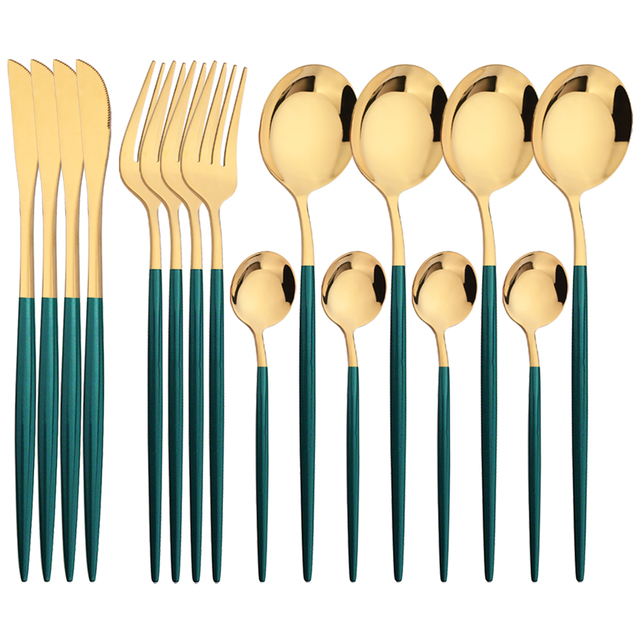 Kitchen Gadgets Green - 16Pcs 그린 골드 식기류 스테인레스 스틸