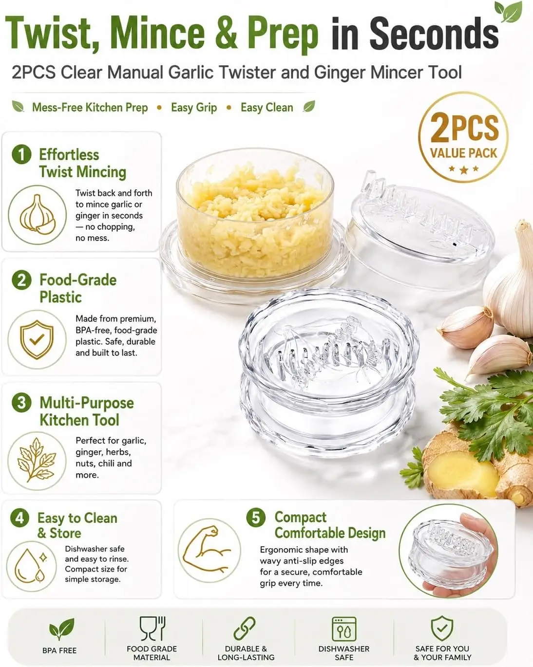 2개입 투명 수동 마늘 다지기 및 생강 분쇄기, 크러셔 - Manual Garlic Press 리뷰 및 가격